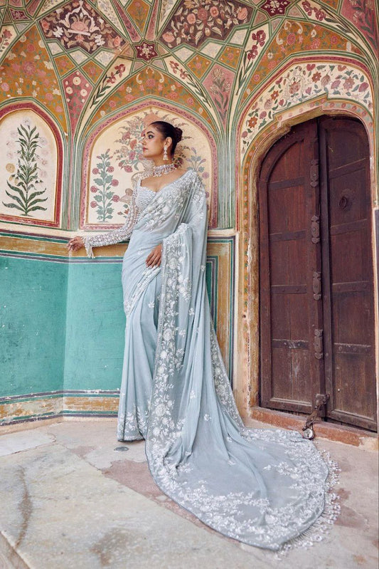 Lovely Sky Blue Georgette Thread Work Saree