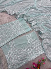 Lovely Sky Blue Georgette Thread Work Saree
