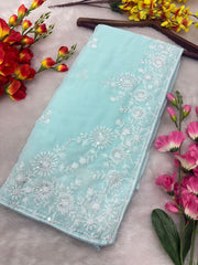 Lovely Sky Blue Georgette Thread Work Saree