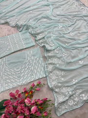 Lovely Sky Blue Georgette Thread Work Saree