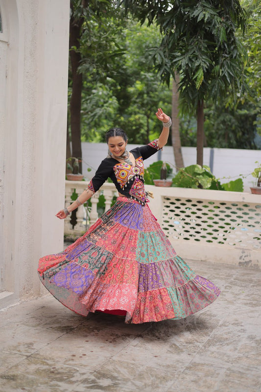 Alluring Multicolor Cotton with Gamthi Embroidered Navratri Lehenga Choli