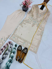 Alluring Beige Silk Embroidery Work Palazzo Suit