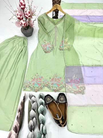 Gorgeous Green Crepe Sequence Work Punjabi Style Palazzo Suit