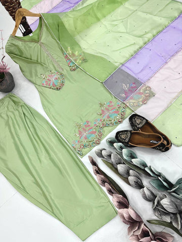 Gorgeous Green Crepe Sequence Work Punjabi Style Palazzo Suit
