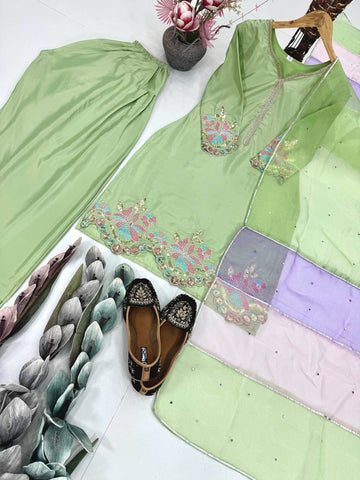 Gorgeous Green Crepe Sequence Work Punjabi Style Palazzo Suit