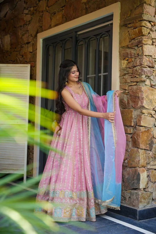 Glorious Pink Organza Digital Printed Anarkali Gown