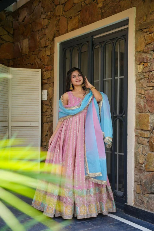 Glorious Pink Organza Digital Printed Anarkali Gown