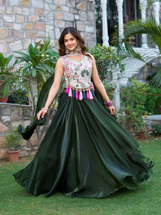 Rakhi Special Green Silk Embroidery Lehenga Choli
