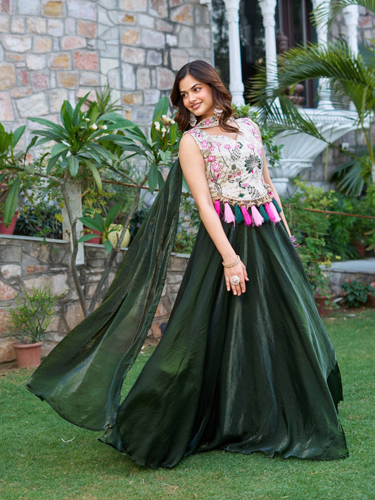 Rakhi Special Green Silk Embroidery Lehenga Choli