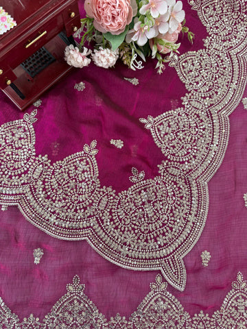 Trendy Wine Chiffon Thread Work Saree
