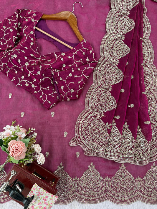 Trendy Wine Chiffon Thread Work Saree