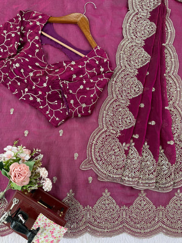 Trendy Wine Chiffon Thread Work Saree