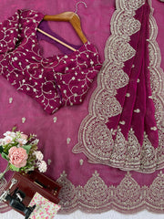 Trendy Wine Chiffon Thread Work Saree