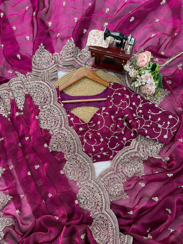 Trendy Wine Chiffon Thread Work Saree