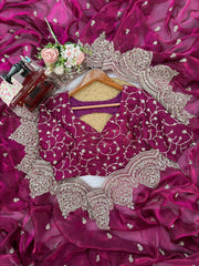 Trendy Wine Chiffon Thread Work Saree