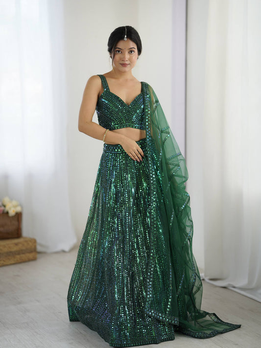 Green Net Dori Work Lehenga Choli For Function Wear