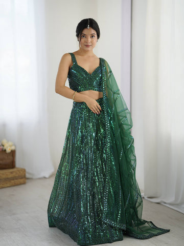 Green Net Dori Work Lehenga Choli For Function Wear