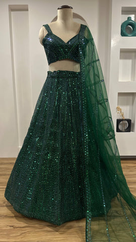 Green Net Dori Work Lehenga Choli For Function Wear