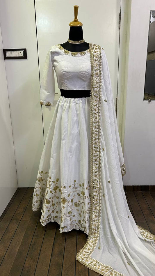 Wonderful White Silk Zari Work Lehenga Choli