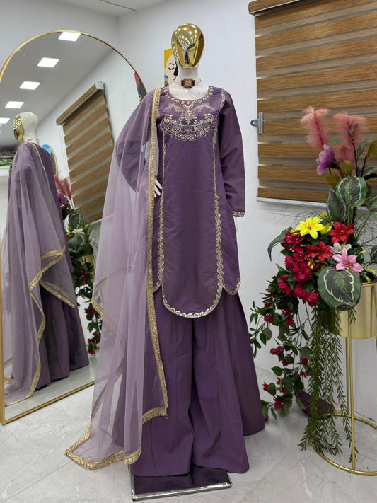 Gorgeous Lavender Roman Simar Silk Sequence Embroidery Sharara Suit