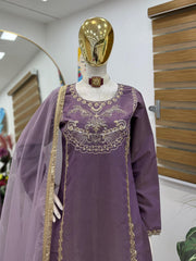 Gorgeous Lavender Roman Simar Silk Sequence Embroidery Sharara Suit
