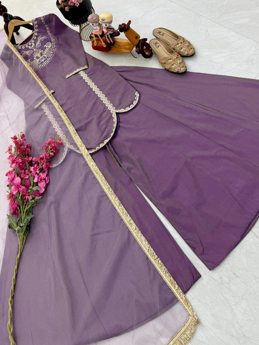 Gorgeous Lavender Roman Simar Silk Sequence Embroidery Sharara Suit