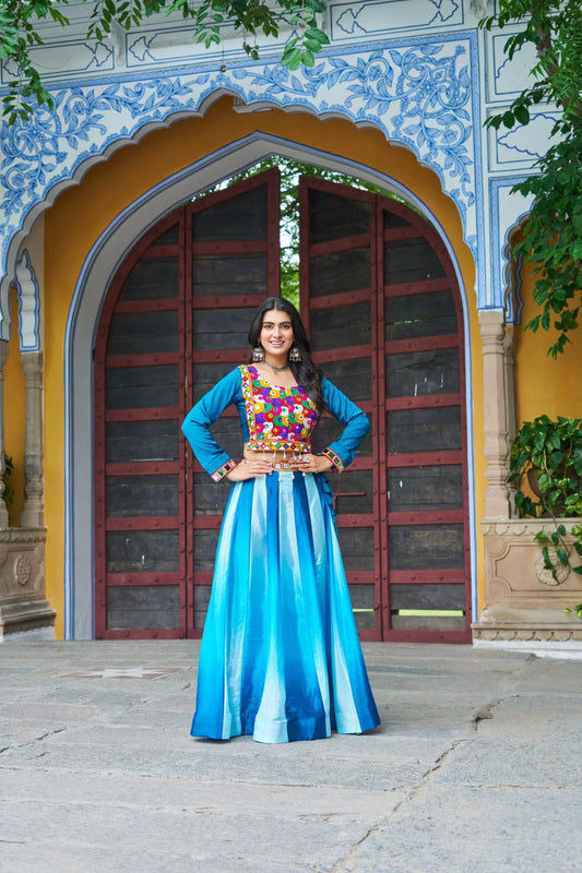 Glorious Blue Chinon Embroidered Lehenga Choli
