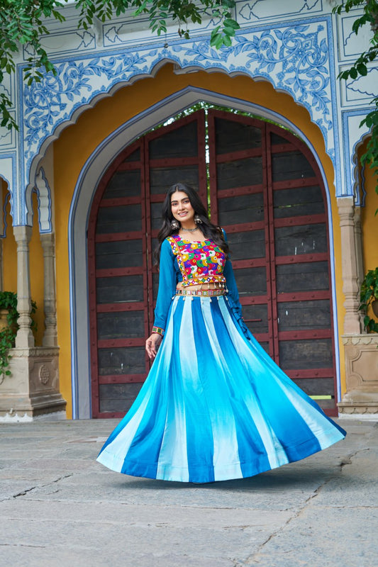 Glorious Blue Chinon Embroidered Lehenga Choli