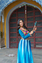 Glorious Blue Chinon Embroidered Lehenga Choli