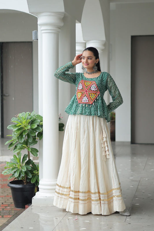Navratri Wear Green Cotton Kutchi Gamthi Work Lehenga Choli