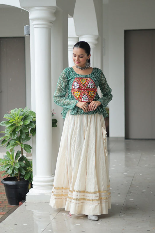 Navratri Wear Green Cotton Kutchi Gamthi Work Lehenga Choli