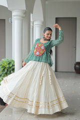 Navratri Wear Green Cotton Kutchi Gamthi Work Lehenga Choli