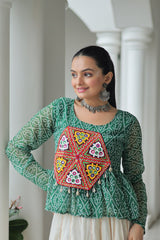 Navratri Wear Green Cotton Kutchi Gamthi Work Lehenga Choli