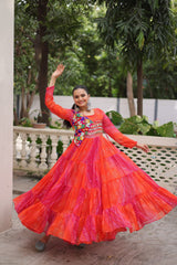 Designer Red Georgette Kutchi Work Navratri Gown