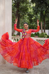 Designer Red Georgette Kutchi Work Navratri Gown