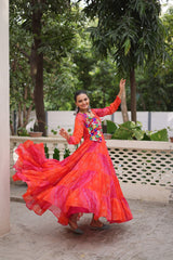 Designer Red Georgette Kutchi Work Navratri Gown