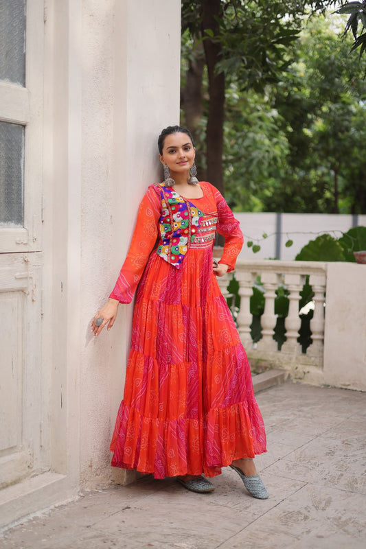 Designer Red Georgette Kutchi Work Navratri Gown