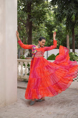 Designer Red Georgette Kutchi Work Navratri Gown