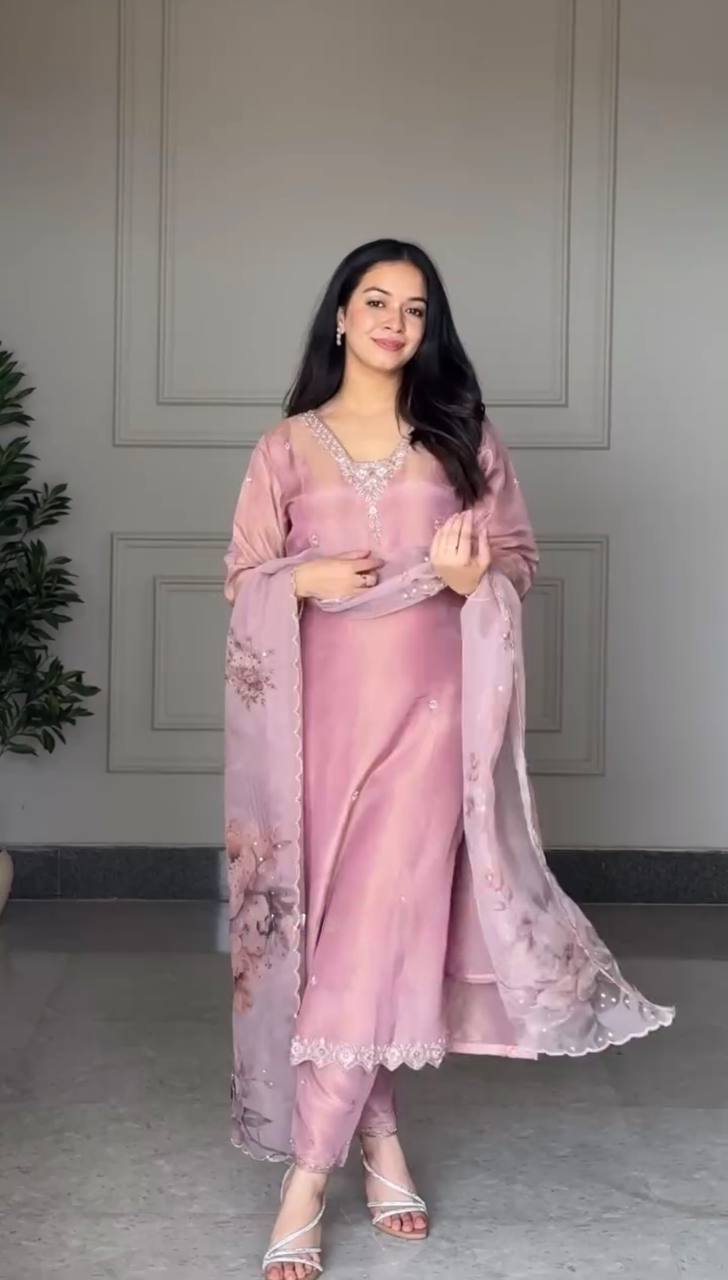 Gorgeous Pink Creap Sequence Work Palazzo Suit