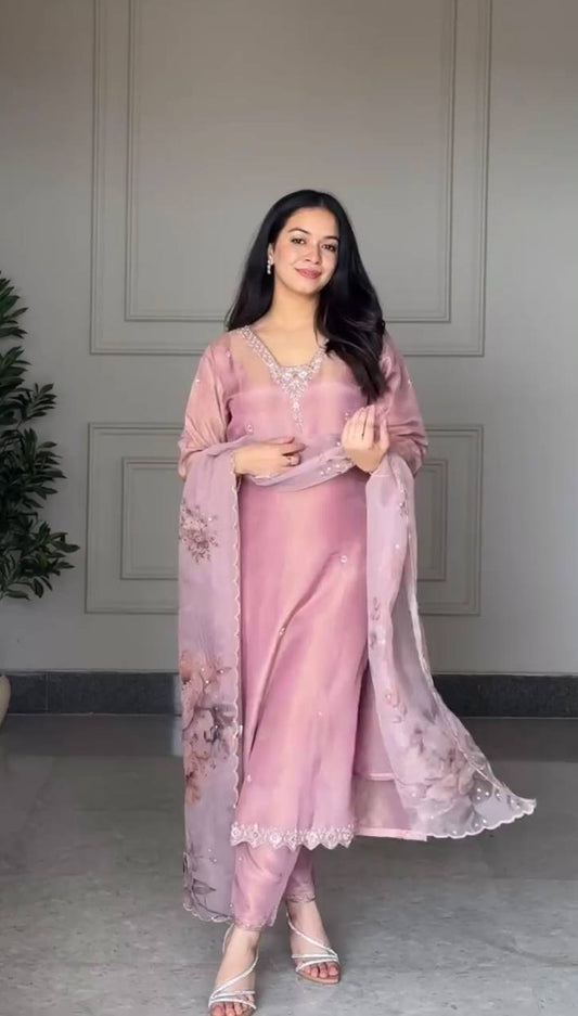 Gorgeous Pink Creap Sequence Work Palazzo Suit