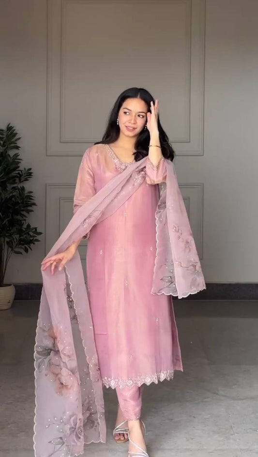 Gorgeous Pink Creap Sequence Work Palazzo Suit