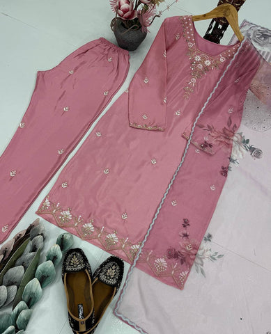 Gorgeous Pink Creap Sequence Work Palazzo Suit
