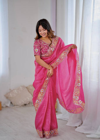 Attractive Gold Crush Embroidery Work Saree