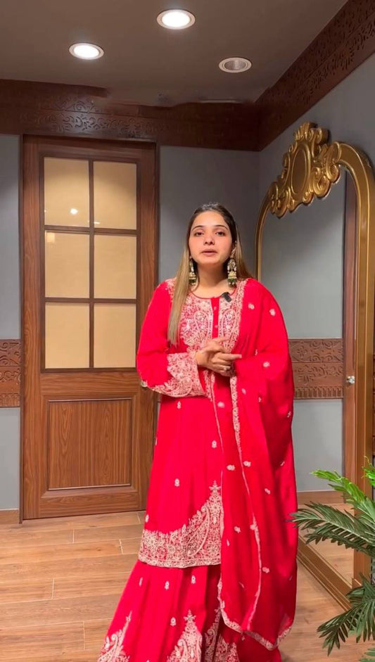 Ravishing Red Georgette Embroidery Work Sharara Suit