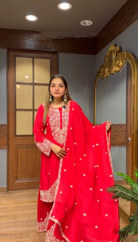 Ravishing Red Georgette Embroidery Work Sharara Suit