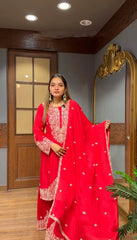 Ravishing Red Georgette Embroidery Work Sharara Suit