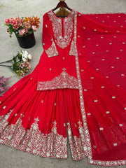 Ravishing Red Georgette Embroidery Work Sharara Suit