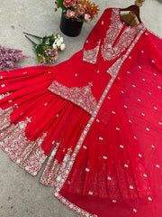 Ravishing Red Georgette Embroidery Work Sharara Suit