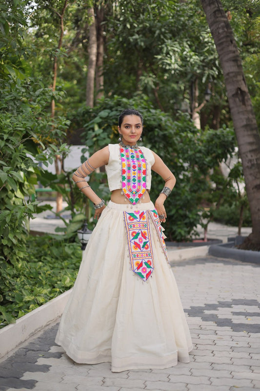 Trendy White Cotton With Kutchi Gamthi Work Lehenga Choli