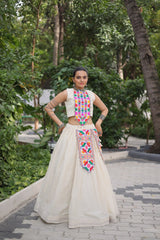 Trendy White Cotton With Kutchi Gamthi Work Lehenga Choli